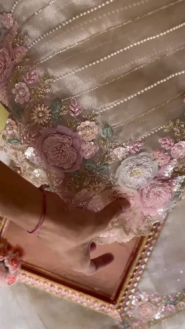Elegant Orange Net Fabric Saree with Heavy Embroidery, Sequins, and Appliqué Work - Image 3