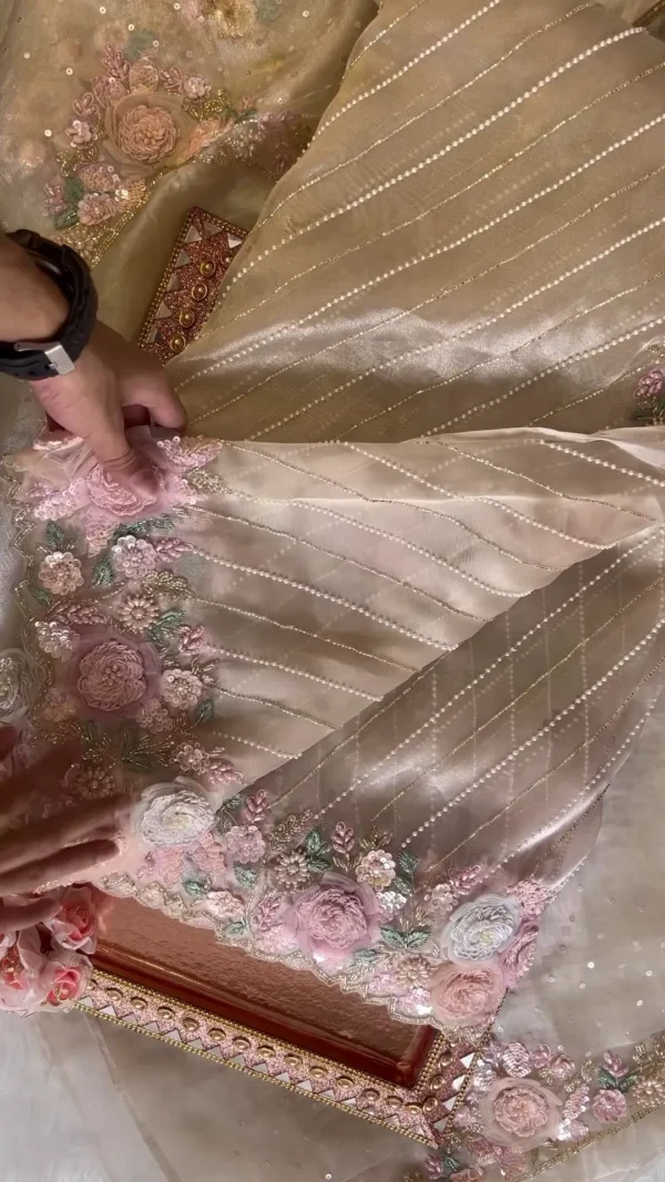 Elegant Orange Net Fabric Saree with Heavy Embroidery, Sequins, and Appliqué Work - Image 2