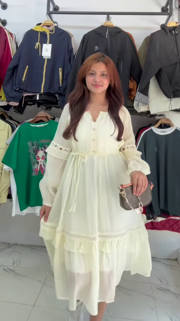 Off-White Layered Cotton Midi Dress – Chic Boho with Elegant Detailing - Image 2