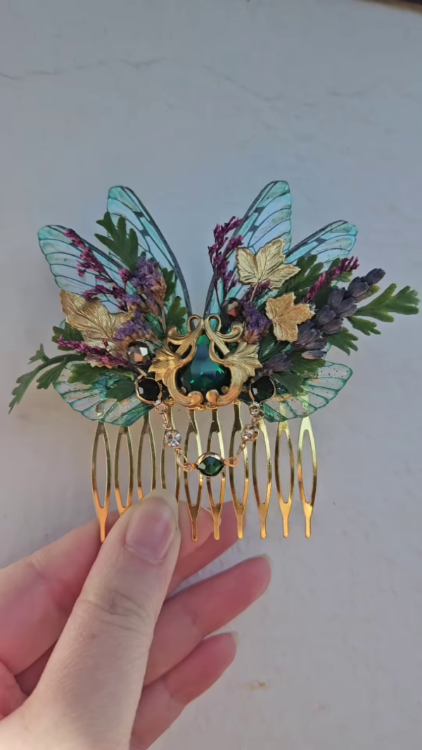 Fantasy Green Gem Fairy Wing Hair Comb" - Image 3