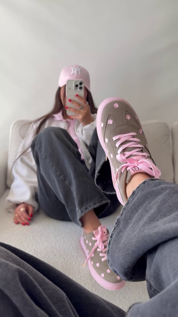 Stylish Grey and Pink Floral Sneakers
