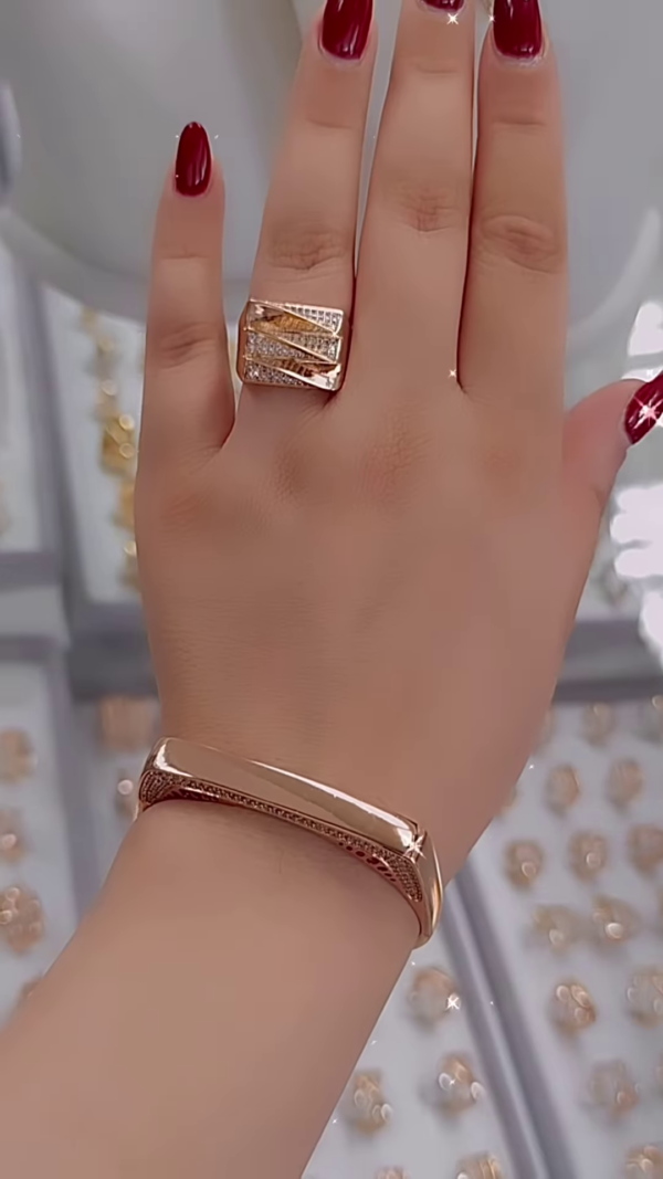 Elegant Rose Gold Bangle Bracelet and Ring Set with Delicate Accents - Image 3
