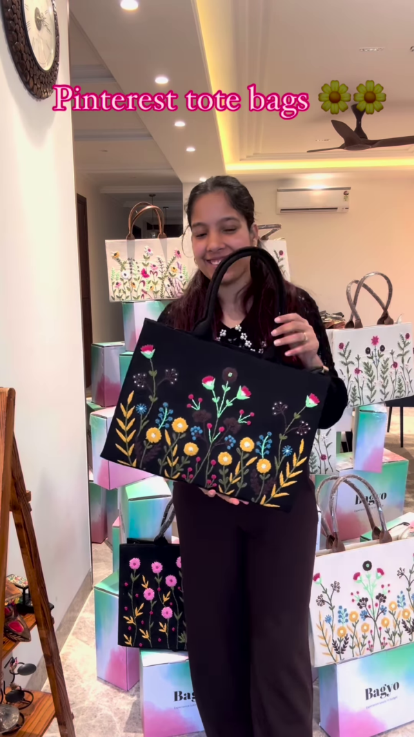 Elegant Black Tote Bag with Pink Floral Embroidery - Image 4
