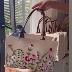 Personalized Cream Tote Bag with Floral Embroidery