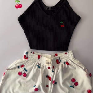 Adorable White Ribbed Tank Top and Shorts Set with Red Hearts - 6 Colors Available