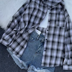💙 Casual Cool Blue & White Plaid Oversized Shirt with Distressed Denim Shorts 👖