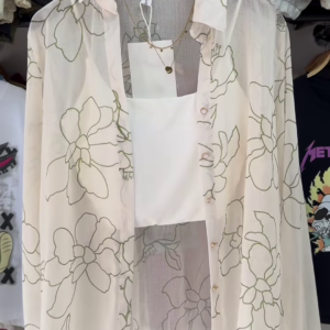 🌸 Breezy White Sheer Floral Oversized Shirt & White Crop Top Set 🤍