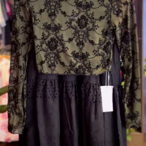 🖤 Elegant Olive Green & Black Patterned Top with Black Eyelet Midi Skirt Ensemble 🌿