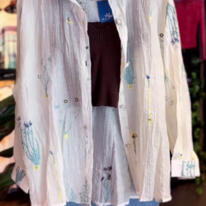 🌸 Delicate White Sheer Floral Embroidered Oversized Shirt, Brown Top & Blue Jeans Ensemble 👖