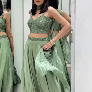 🌿 Ethereal Sage Green Embellished Crop Top & Flowing Palazzo Pants Set 💚