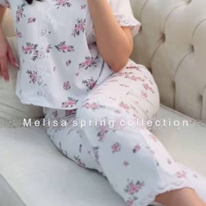 Elegant White Pajama Set with Floral Pattern and Lace Trim