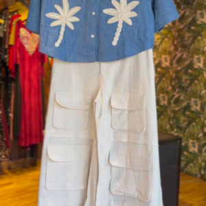 Casual Blue Top with Palm Tree Appliqués and Wide-Leg Pants