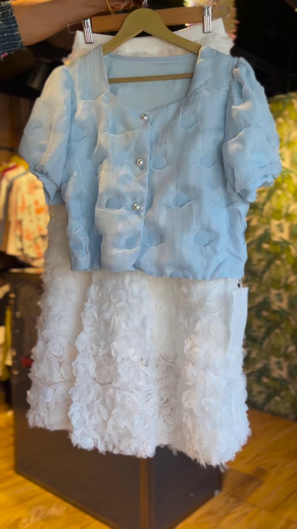 Ethereal Blue Floral Top and Textured White Skirt Set