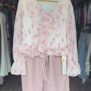 Sheer Floral Blouse with Ruffles and Soft Pink Shorts Set