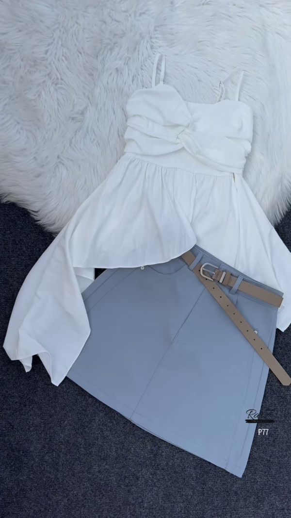 Flowing Pink Top with White Skirt and Tan Belt Ensemble - Image 3