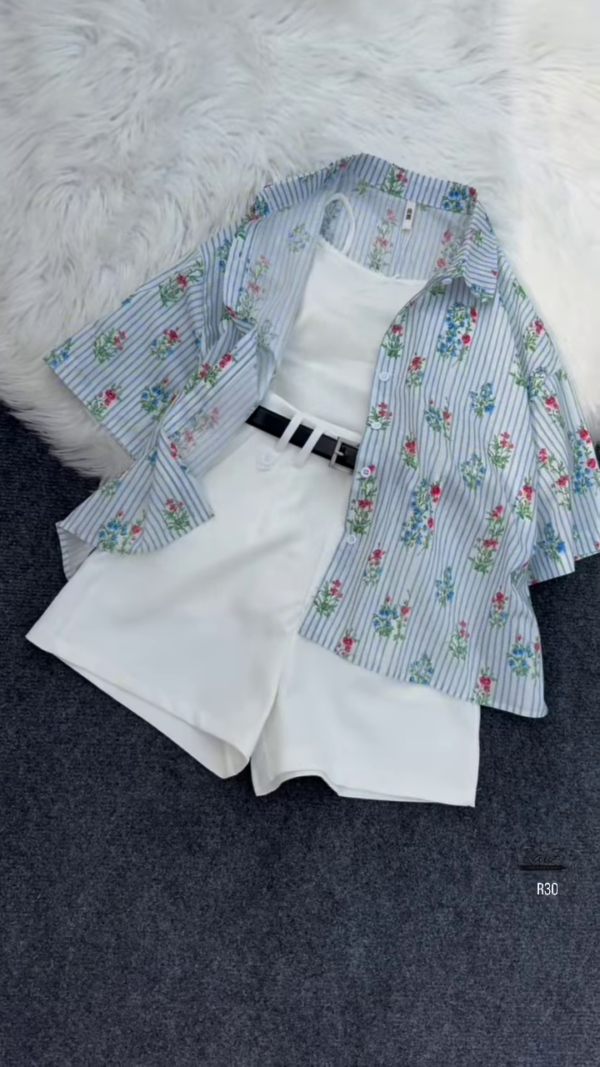 Striped Floral Shirt with White Tank and Belted Shorts Set - Image 2