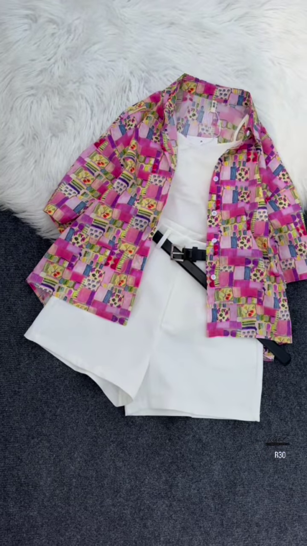 Striped Floral Shirt with White Tank and Belted Shorts Set - Image 3