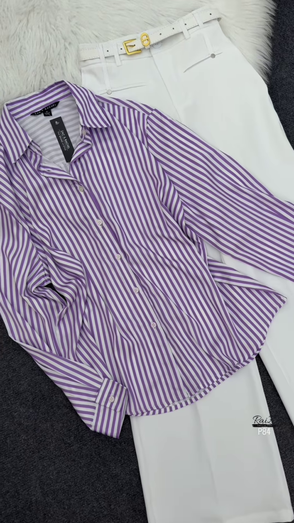 Purple and White Striped Shirt with White Wide-Leg Trousers - Image 2
