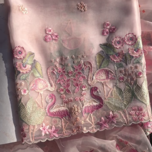 Delicate Pink Fabric with Embroidered Flamingos and Florals