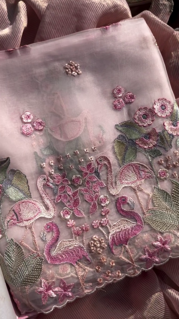 Delicate Pink Fabric with Embroidered Flamingos and Florals - Image 3