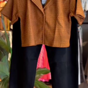 Textured Rust-Colored Shirt with Black Wide-Leg Pants